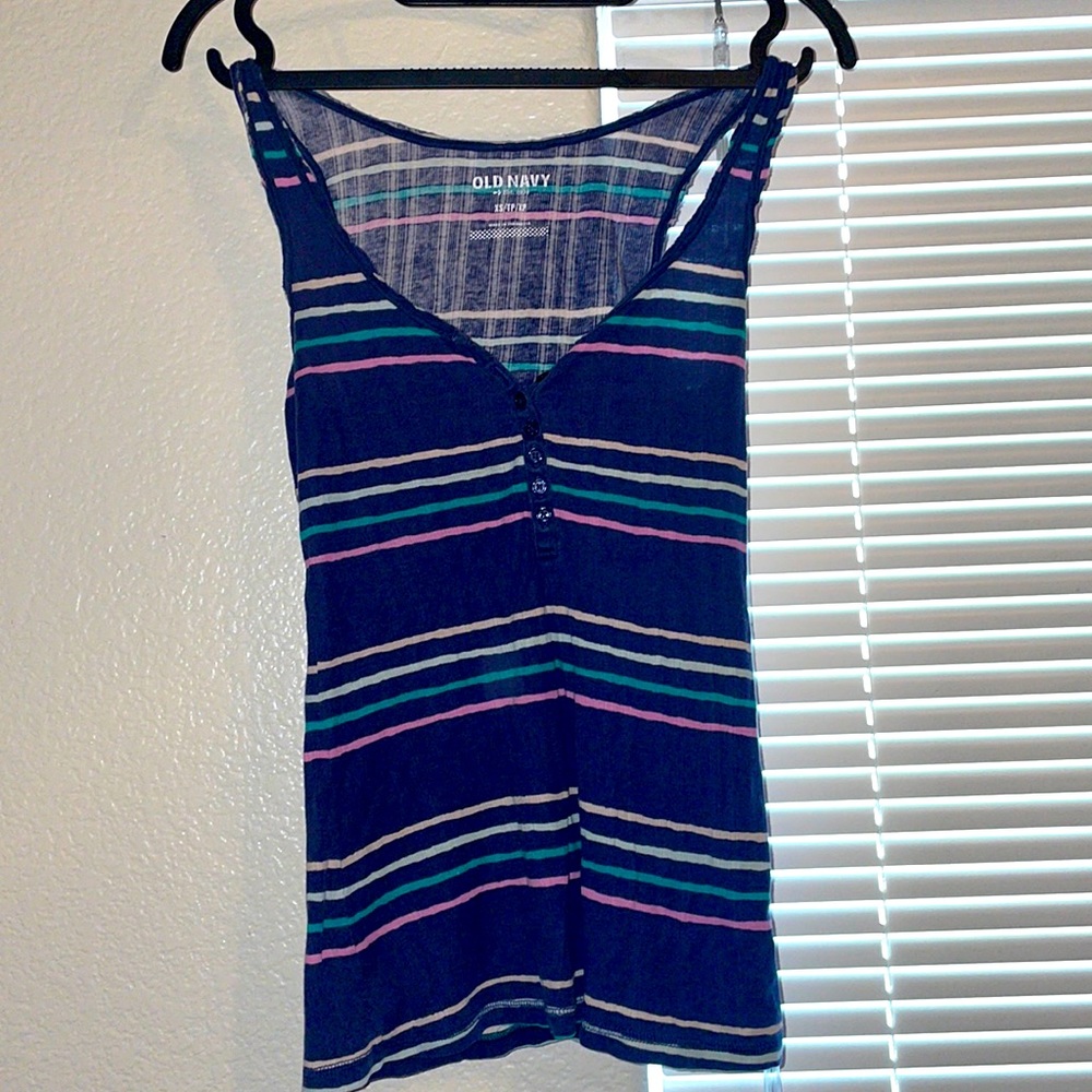 Womens XS Navy Blue Old Navy Retro Stripped Button Down Tank Top